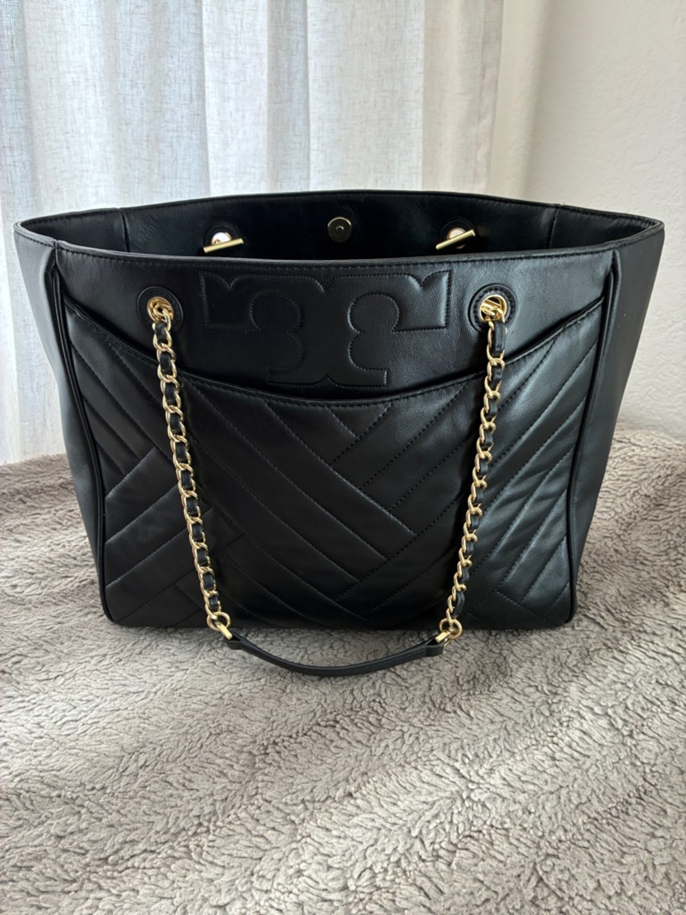 Tory Burch Black Quilted Leather Tote with Gold Chain Handles Bag